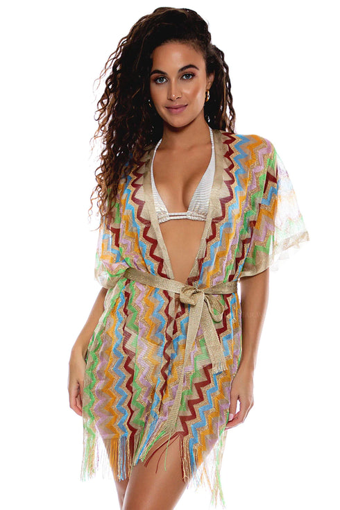 Luli Fama Here Comes The Sun Open Front Tie Short Poncho